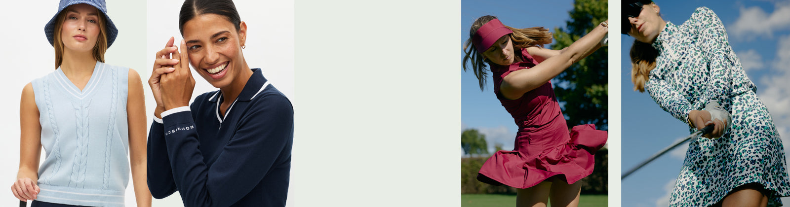 Collage of four different models wearing Rohnisch women's golf clothing spring summer 2026 including a pale blue sleeveless sweater, navy long sleeve polo shirt with white contrast stripe, burgundy pleat skort and sleeveless polo and cheetah print skort and long sleeve zip neck top in aqua and navy.