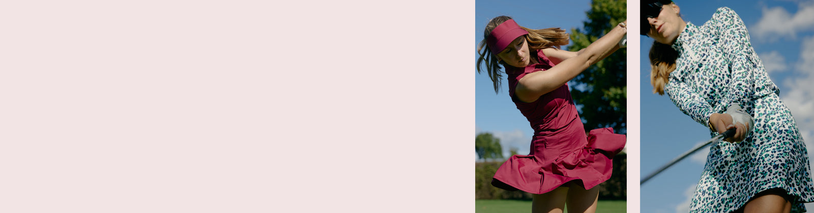 Two women golfer's hitting a golf ball mid swing wearing new designs from Rohnisch's SS26 collection including the wine coloured pleat skort, sleeveless polo and visor and the aqua and navy skort and long sleeve zip neck top