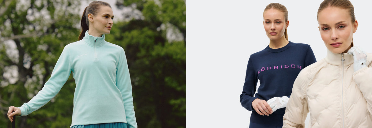 Montage of Rohnisch ladies golf wear from their autumn winter 2026 2027 collection. Including a light aqua fleece, navy jumper with hot pink Rohnisch logo and padded cream hybrid golf jacket.