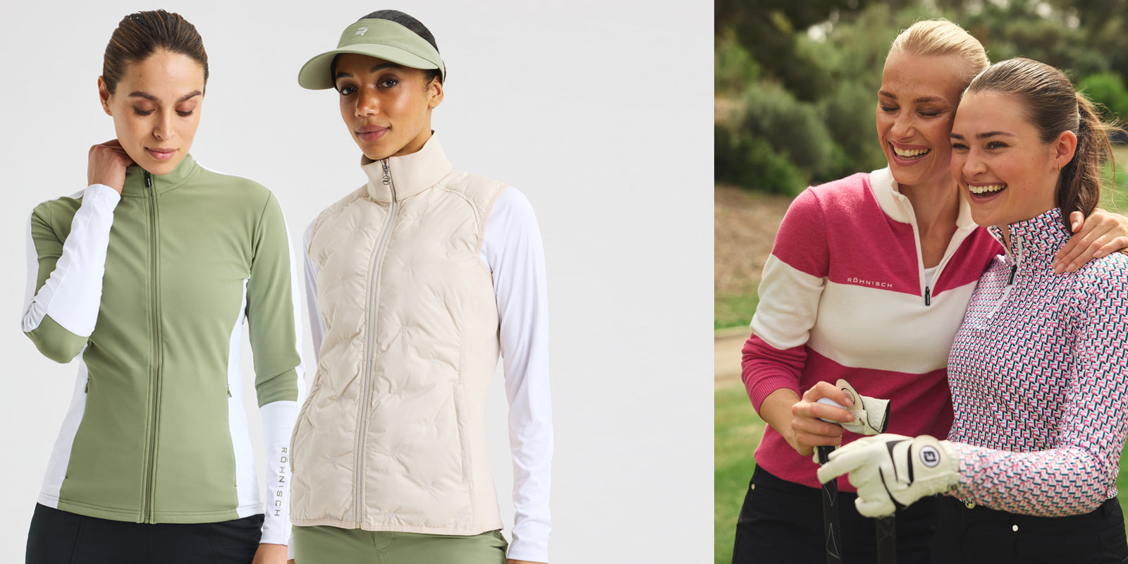 Rohnisch ladies golf wear form the AW25 collection. Including the jersey mid layer jacket in olive and white, ivory padded gilet, colour block sweater in berry and retro R logo print 1/4 zip top.