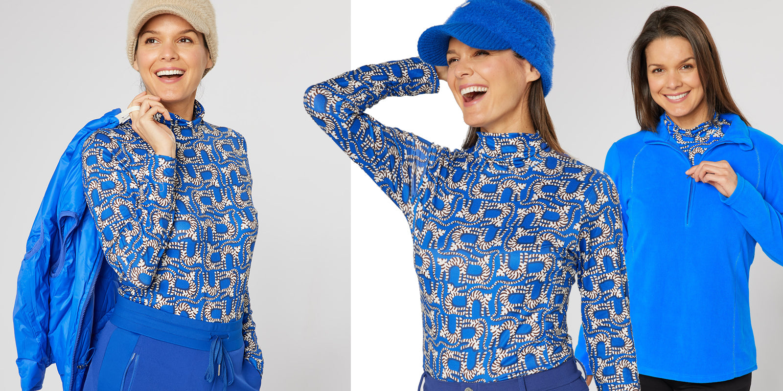 Swing out Sister Golf models wearing the Animal Instincts collection roll neck, vivid blue fleece, winter visor and blue trousers
