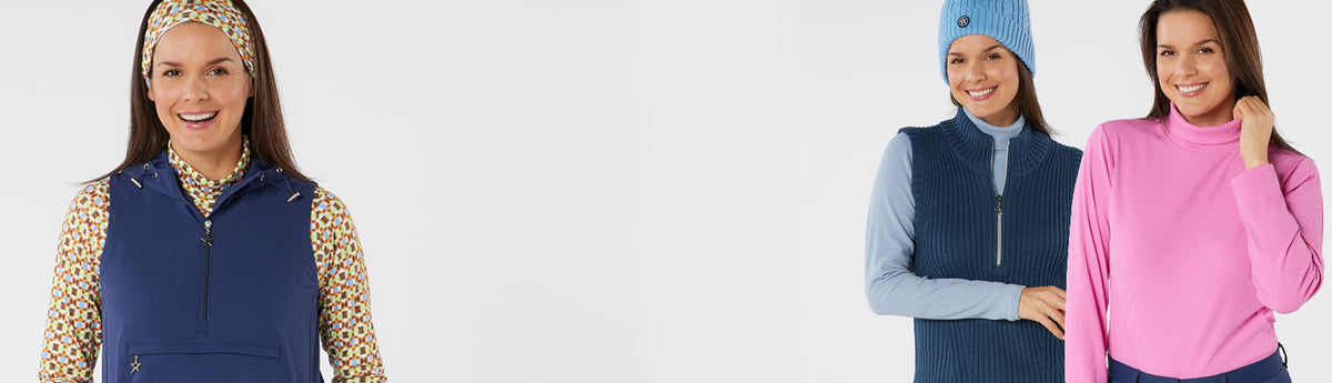 Montage of three women wearing a mix of swing out sister autumn winter 2026 2027 ladies golf wear