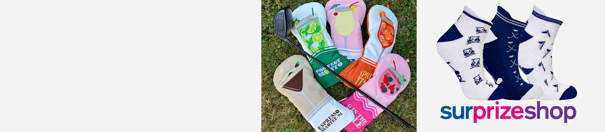 Two images of driver club headcovers with cocktail theme and a pack of 3 golf themed navy and white socks fom Surprizeshop