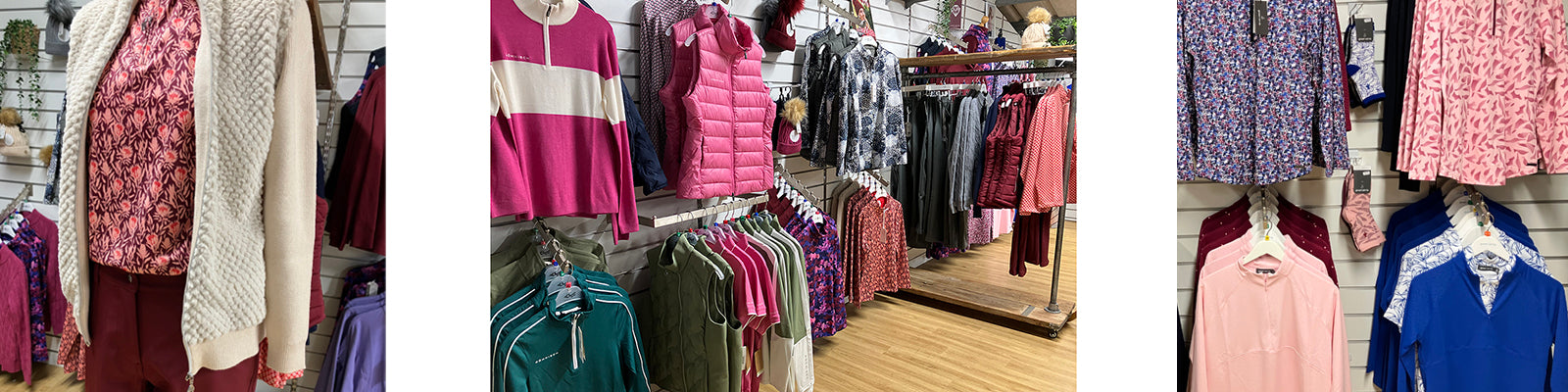 Collage of various autumn winter 20205 golf clothing on racks and hangers in the GolfGarb concession at Tony Valentine Golf Centre.