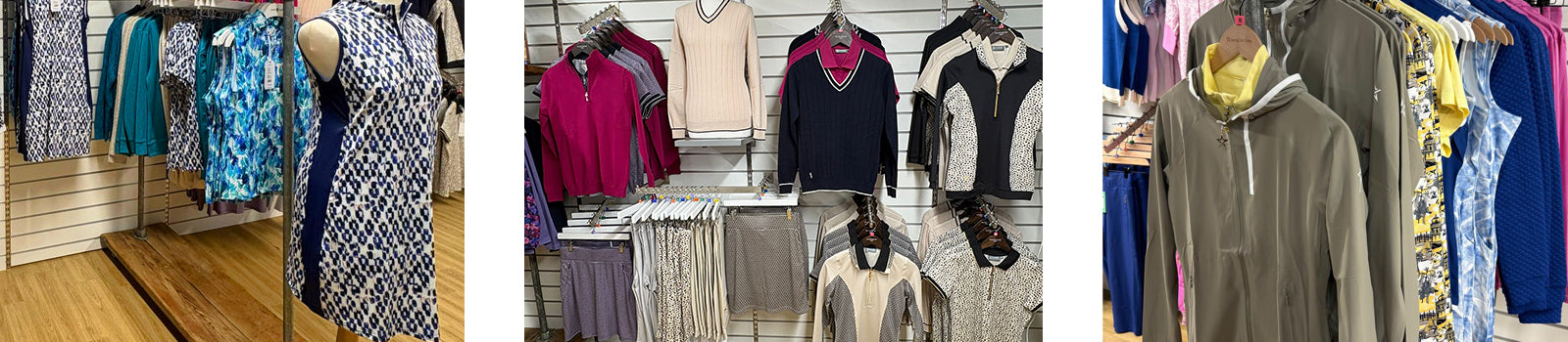 3 images of the clothing on display at the GolfGarb concession at Tony Valentine Golf Centre Corsham, including Pure Golf, Glenmuir and Swing Out Sister Golf.