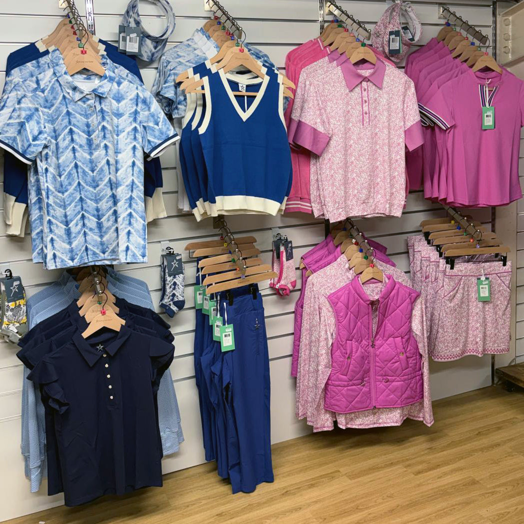 Blue and Pink designs from Swing Out Sister Golf's Neptune's Breath and Coral Whisper ladies collections at GolfGarb's concession at Tony Valentine Golf Centre Corsham