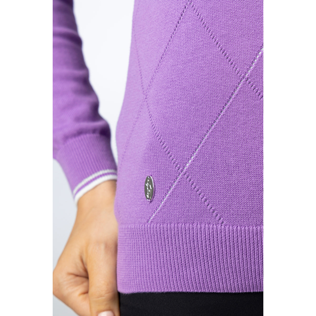 Glenmuir Ladies Long Sleeve Sweater with Pointelle Diamond Design in Amethyst/White/Silver