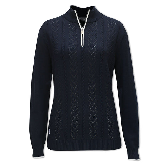 Glenmuir Ladies Navy Blue Golf Sweater with Pointelle Heart Stitch Design