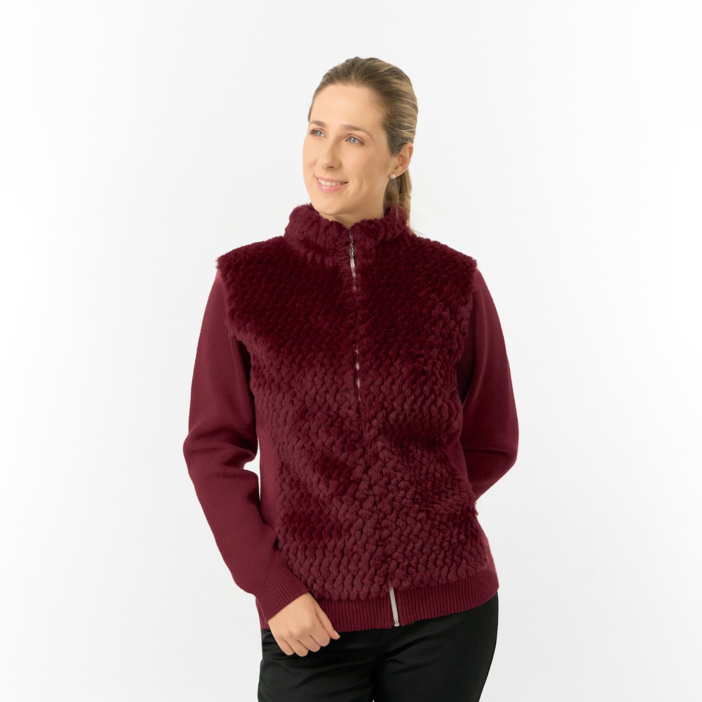 Pure Golf Ladies Faux Fur Full-Zip Cardigan with Stretch Sleeves