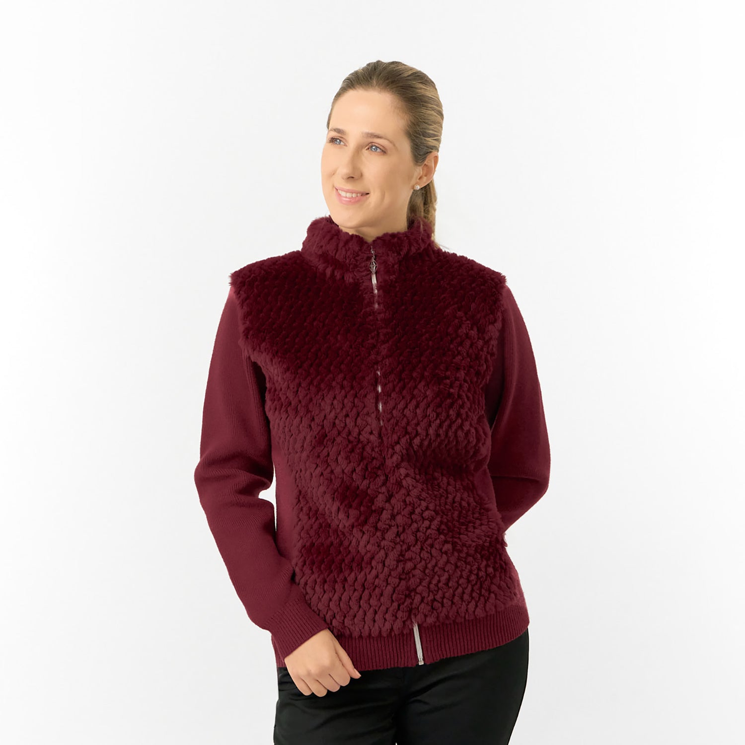 Pure Golf Ladies Faux Fur Full-Zip Cardigan with Stretch Sleeves