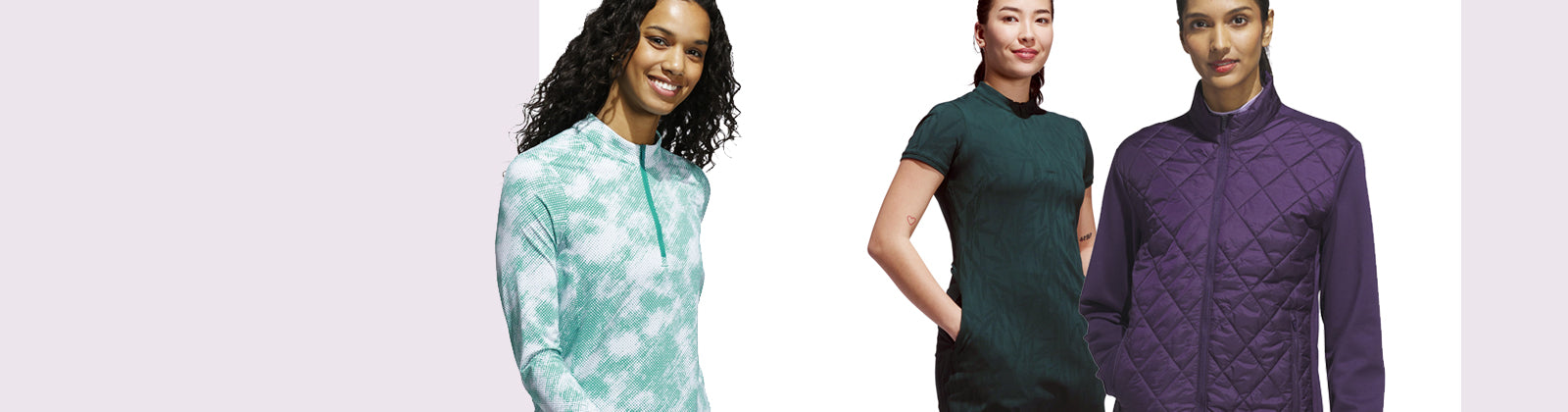 Three women wearing adidas golf autumn winter 2025 clothes: An aqua and white print long sleeve zip neck, a deep green short sleeve dress and purple hybrid jacket
