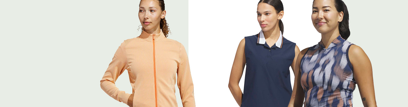 Three women wearing different adidas women's golf outfits from the spring summer 2026 collection including the linear animal print sleeveless polo, navy polo with contrast collar and full zip jacket in tangerine orange