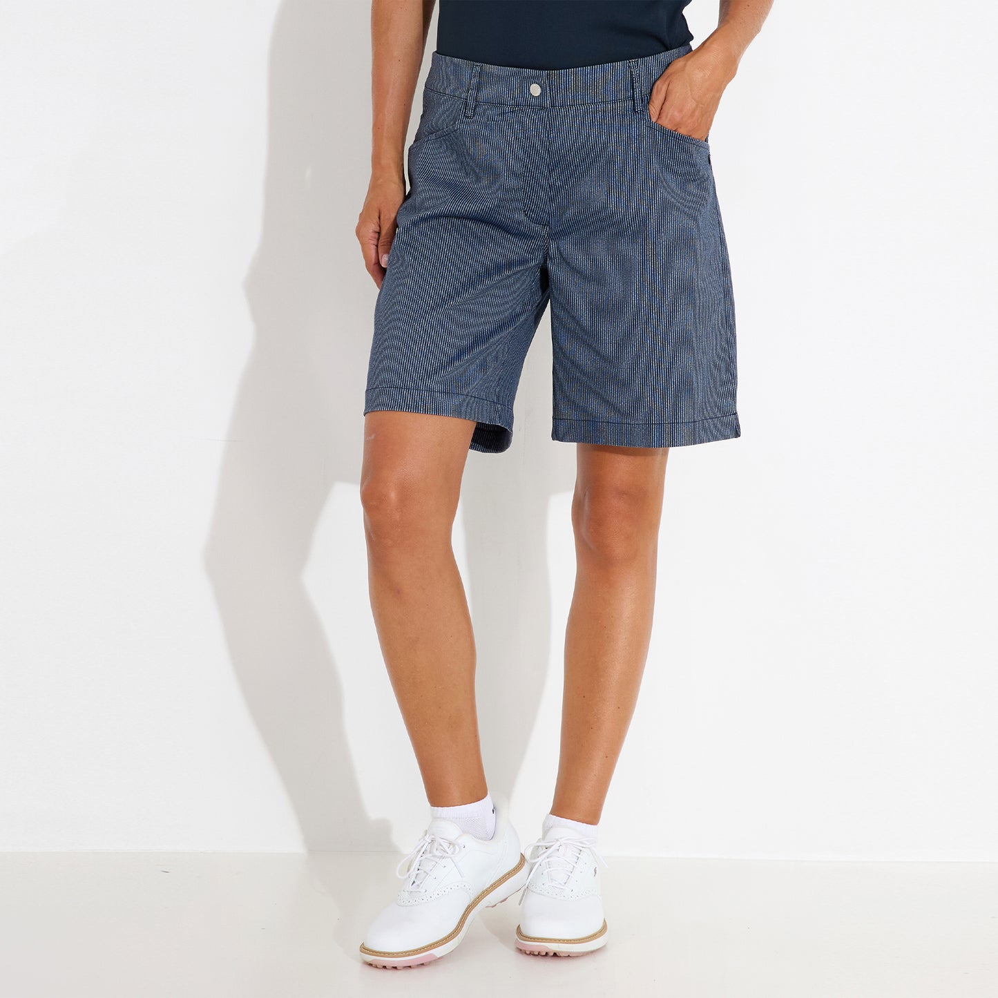 Abacus Ladies Wide Leg Navy Pinstripe Shorts - Effortless Style & Performance 