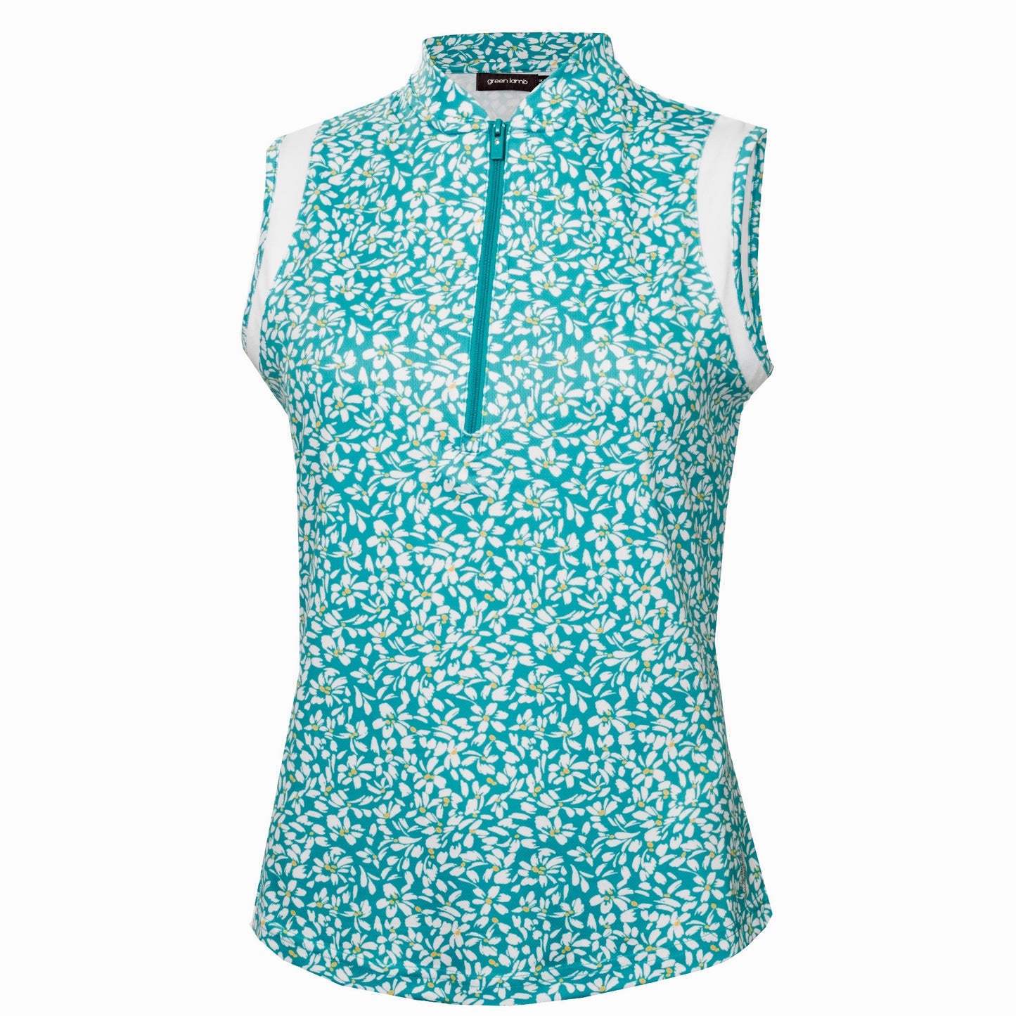 Green Lamb Women's Zip-Neck Sleeveless Polo with Dainty Floral Print