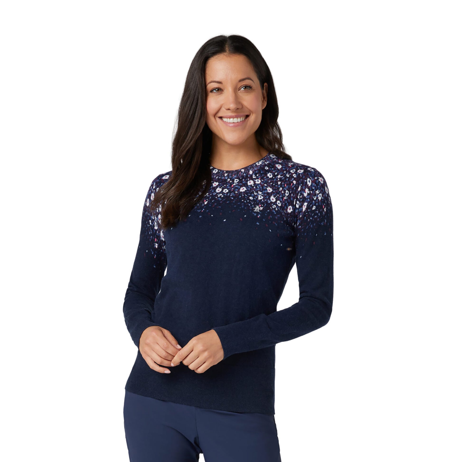 Original Penguin Womens Soft Cotton Blend Sweater with Floral Design in Navy 