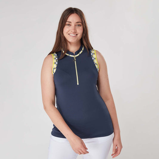 Swing Out Sister Women's Zip Neck Sleeveless Polo in Sunshine and Navy