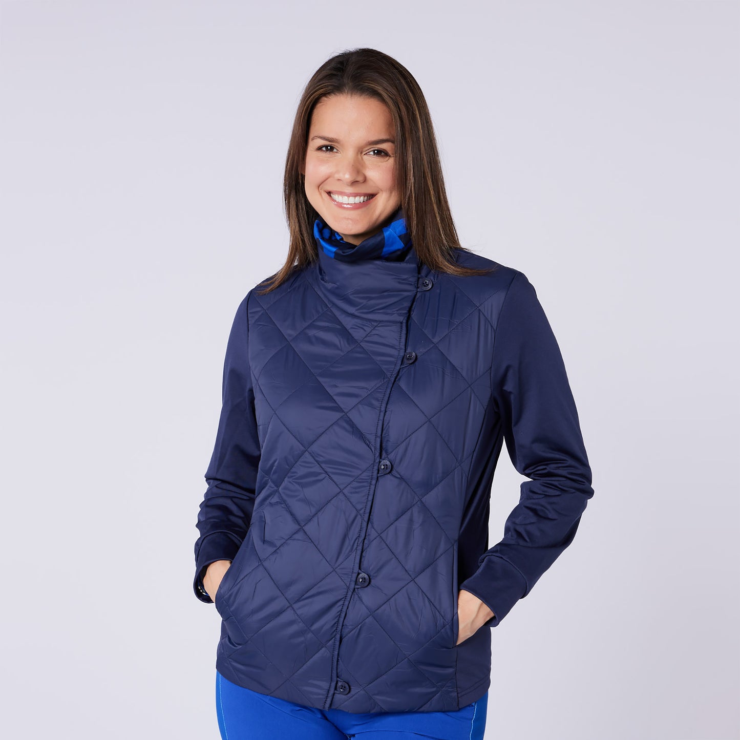 Swing Out Sister Ladies Quilted Hybrid Jacket with Lightweight Insulation in Navy