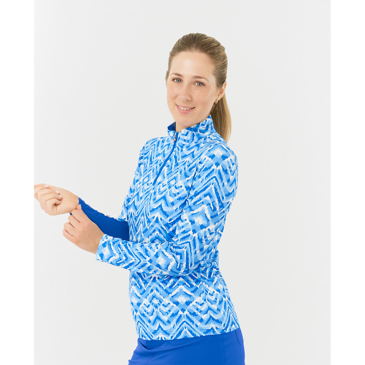 Pure Ladies Long Sleeve Golf Top in Aztec Style Print with Mesh Panels