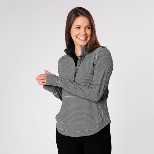 Swing Out Sister Womens Fine Stripe Zip-Neck Top with Front Pocket Great for Range to Course Wear