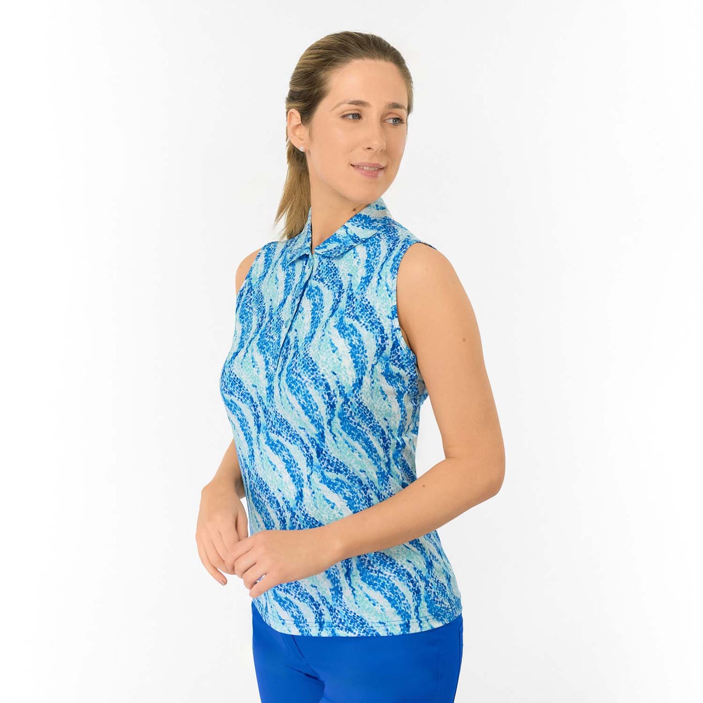 Pure Ladies Sleeveless Buttoned Polo in Flowing Wave Print for Playful Style & All-Day Comfort 