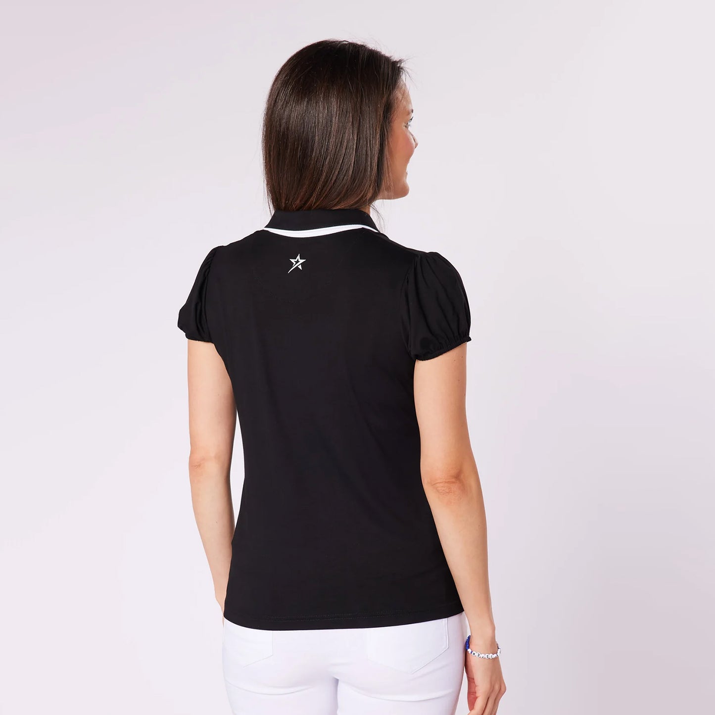 Swing Out Sister Ladies Zip-Neck Puffed Cap Sleeve Polo in Black