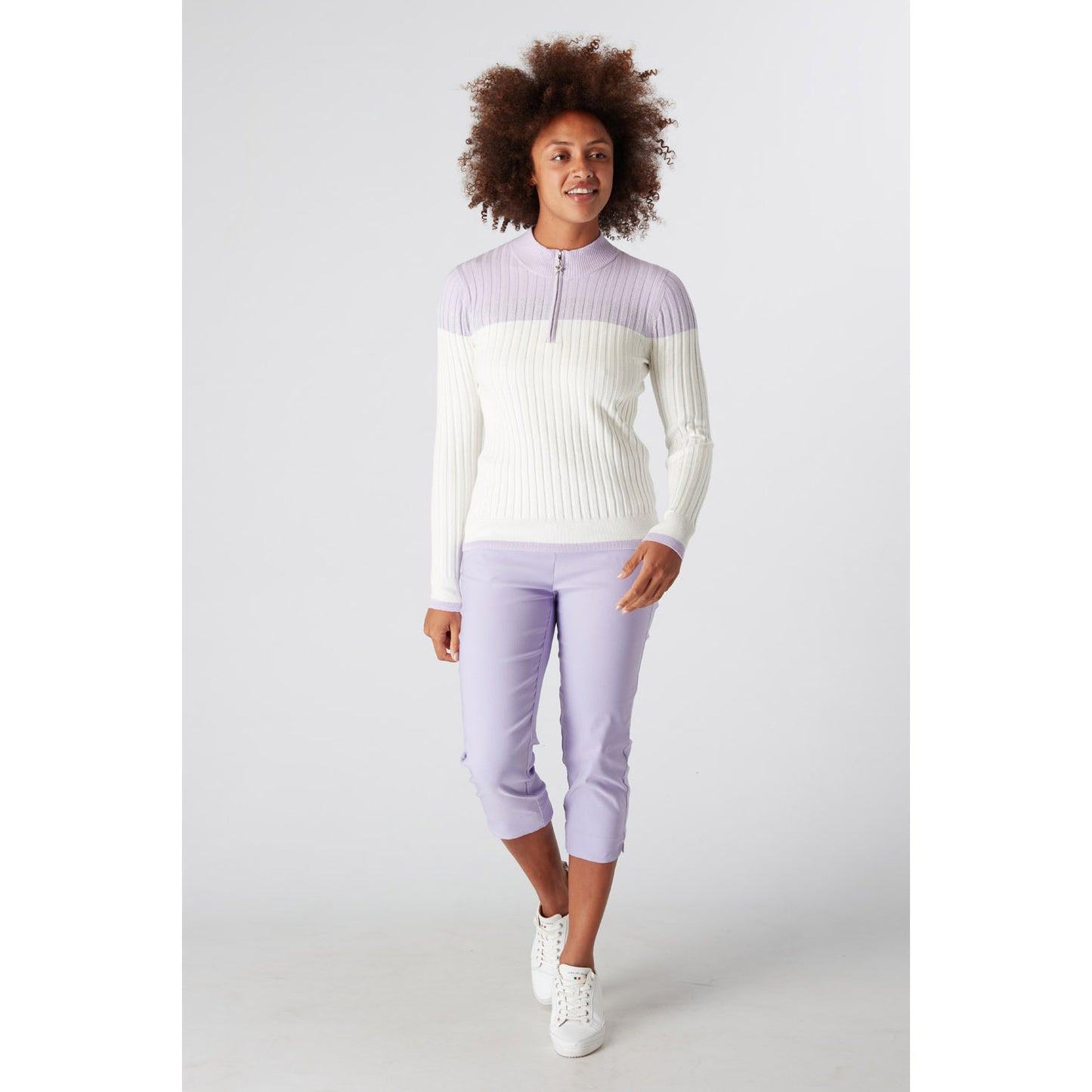 Swing Out Sister Ladies Colour Block Zip-Neck Sweater in Digital Lavender