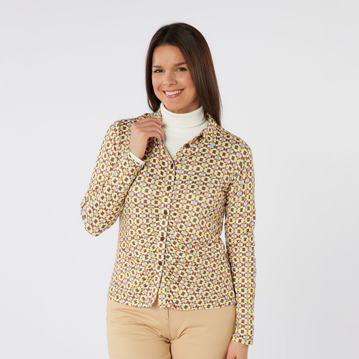 Swing Out Sister Button Down Polo with Gentle Ruched Detail