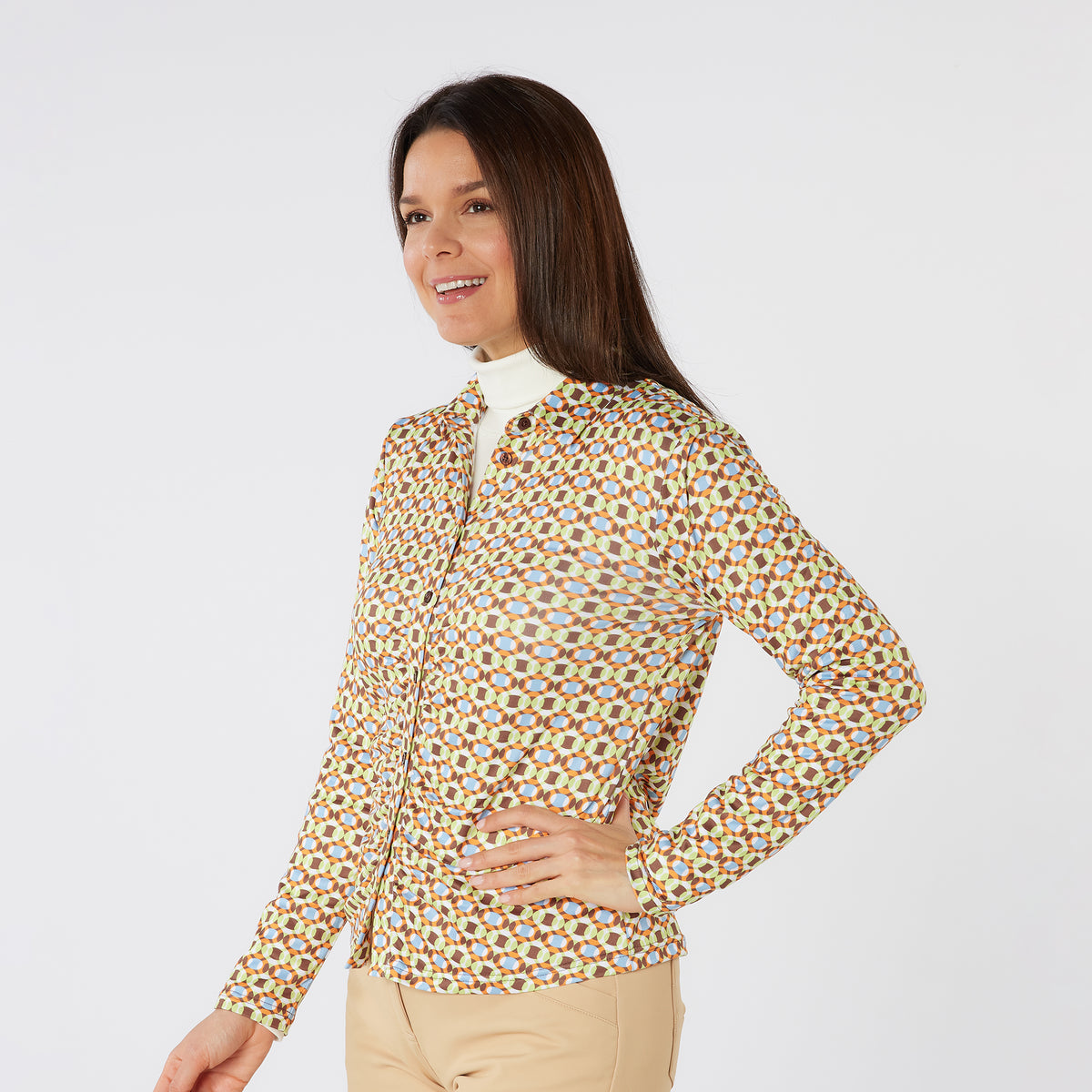 Swing Out Sister Button Down Polo with Gentle Ruched Detail