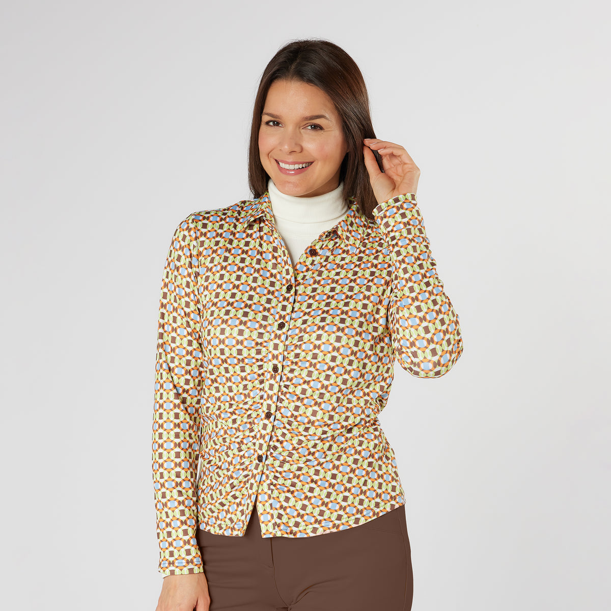 Swing Out Sister Button Down Polo with Gentle Ruched Detail