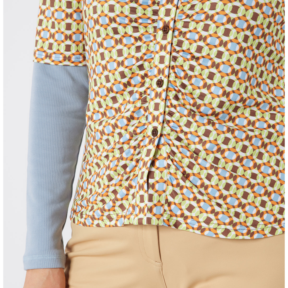 Swing Out Sister Half Sleeve Button Down Polo with Gentle Ruched Detail