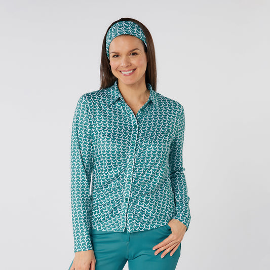 Swing Out Sister Button Down Polo with Gentle Ruched Detail