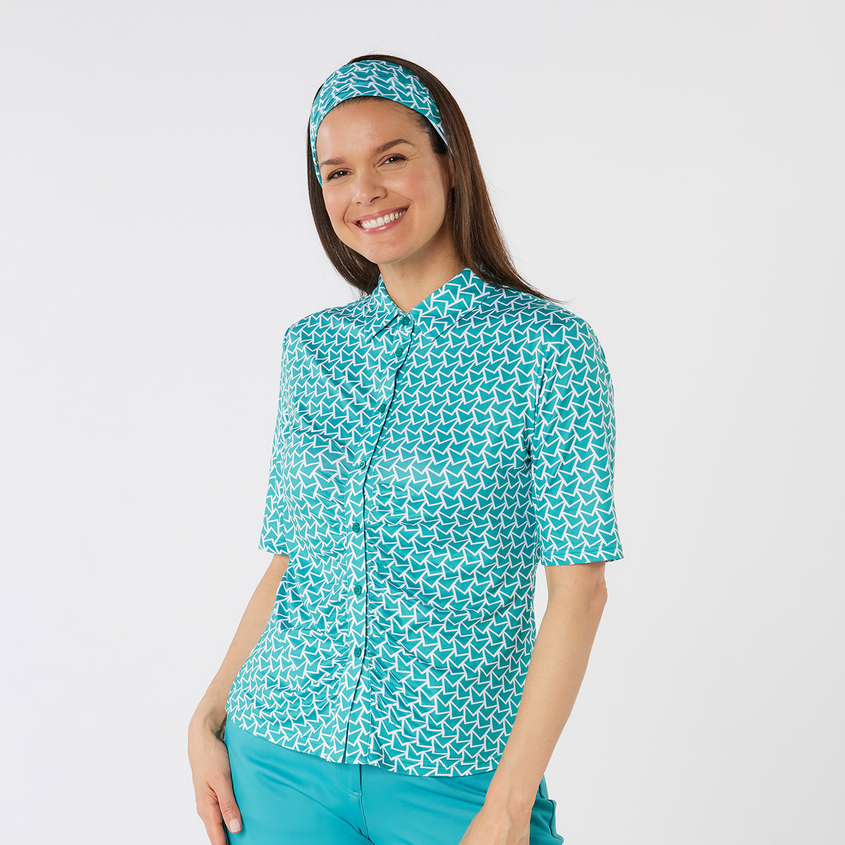 Swing Out Sister Half Sleeve Button Down Polo with Gentle Ruched Detail