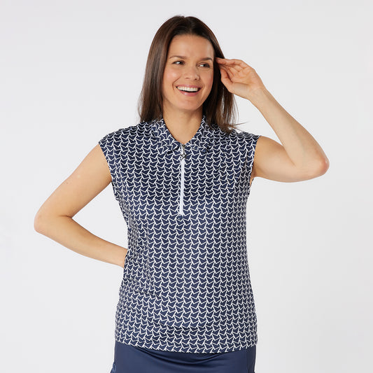 Swing Out Sister Sleeveless Polo with Zip Neck in Navy