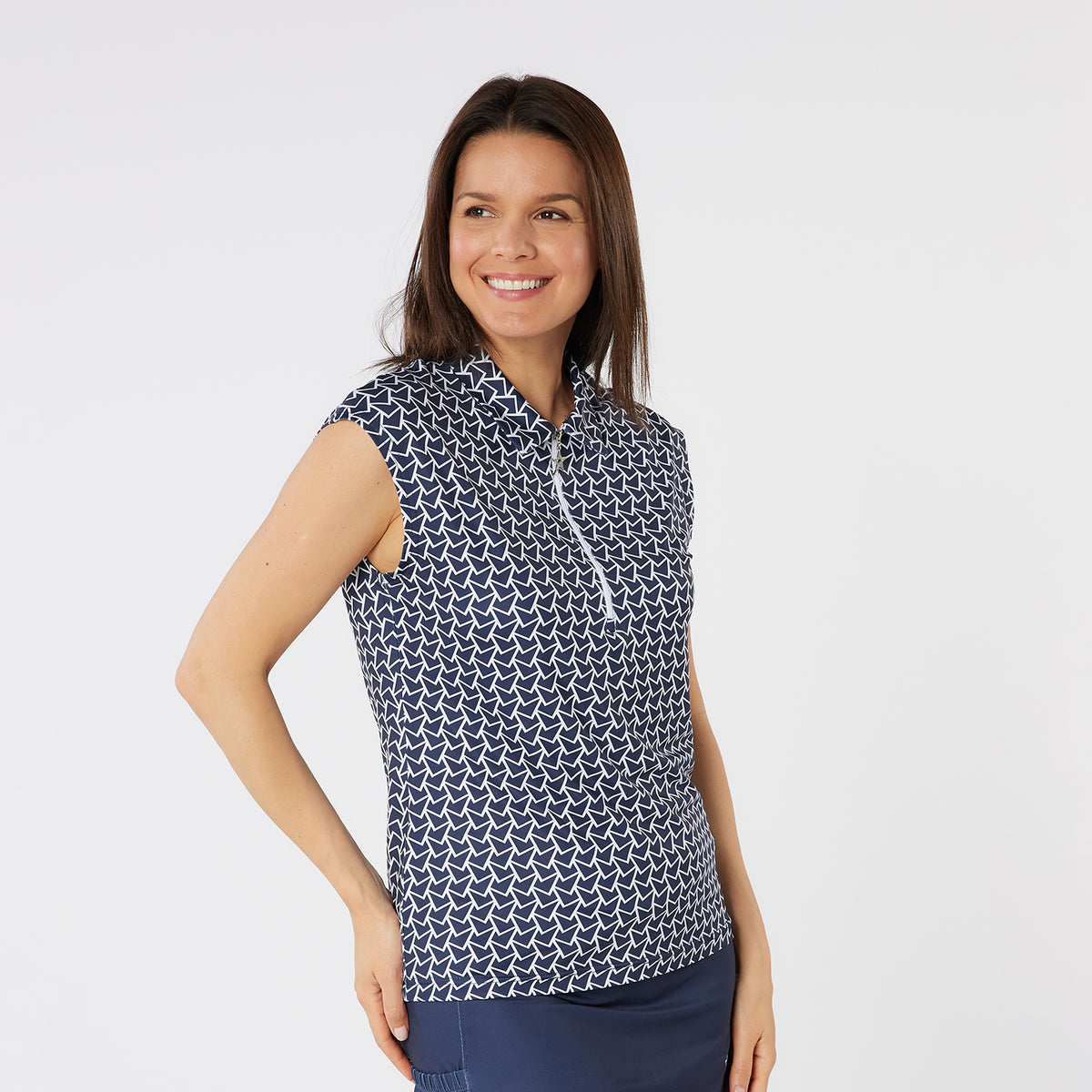 Swing Out Sister Sleeveless Polo with Zip Neck in Navy