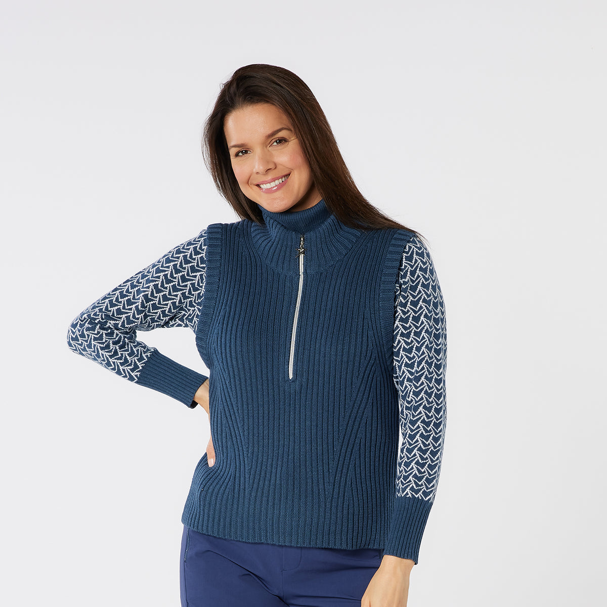 Swing Out Sister 1/4 Zip Sleeveless Pullover in Navy with Contour Ribbing