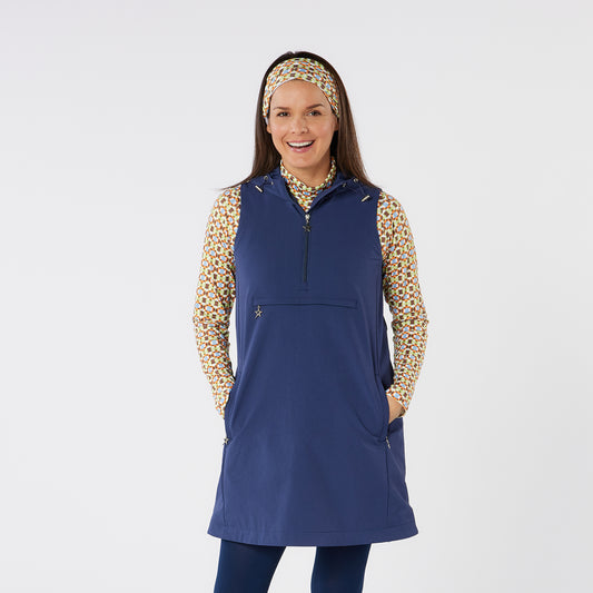 Swing Out Sister Winter Golf Dress with Front Pocket & Adjustable Hood in Navy 