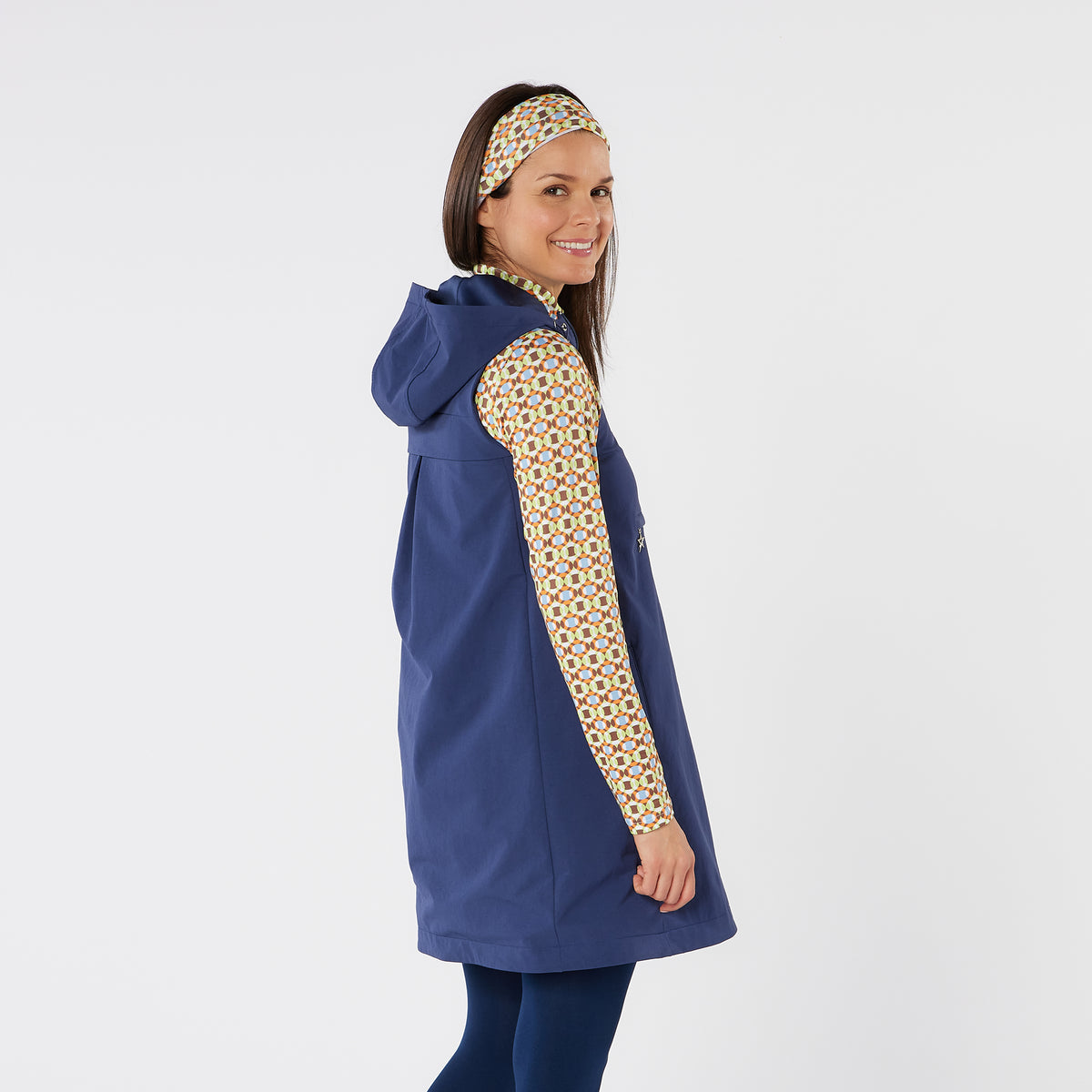 Swing Out Sister Winter Golf Dress with Front Pocket & Adjustable Hood in Navy 