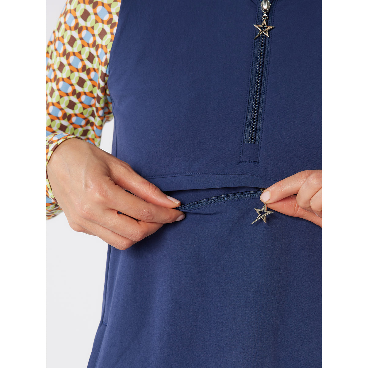 Swing Out Sister Winter Golf Dress with Front Pocket & Adjustable Hood in Navy 