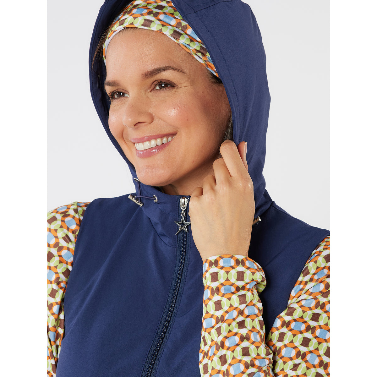 Swing Out Sister Winter Golf Dress with Front Pocket & Adjustable Hood in Navy 