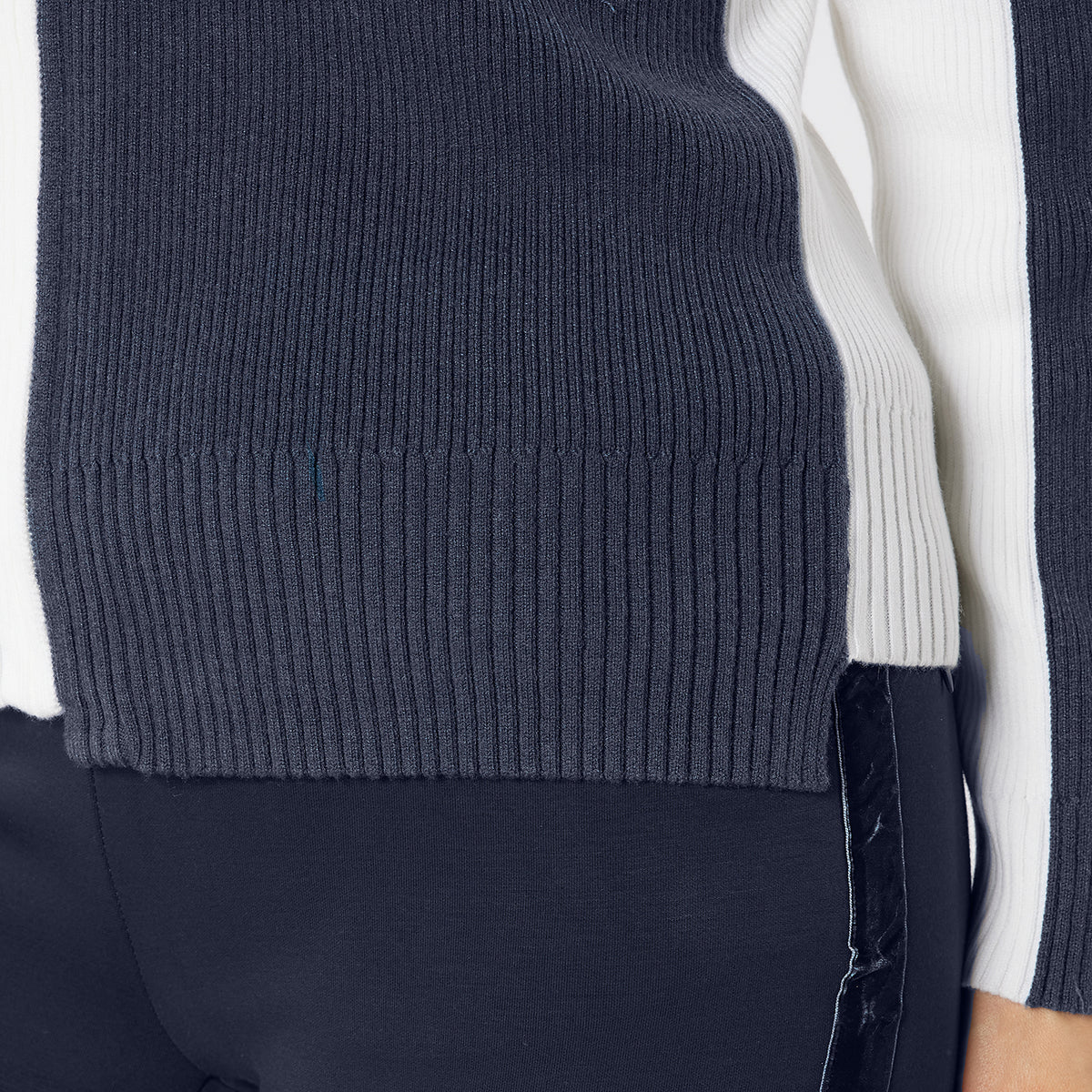 Swing Out Sister Merino Blend Full-Zip Ribbed Cardigan in Navy & White