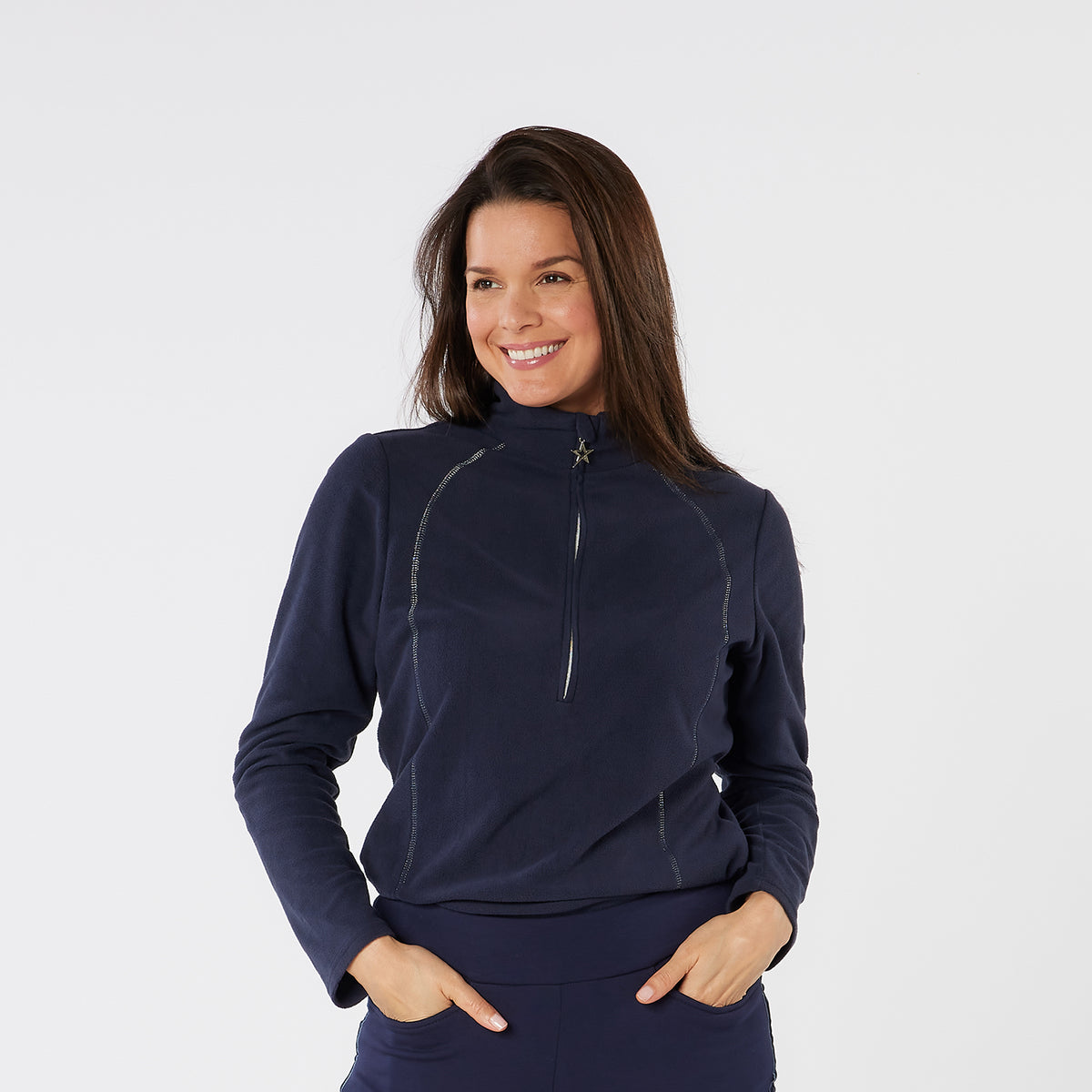Swing Out Sister Ultra-Soft 1/4 Zip Fleece in Navy with Silver Thread Contour Seams	