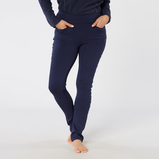 Swing Out Sister Thermal Pull-On Fleece Backed Trousers with Side Stripe in Navy