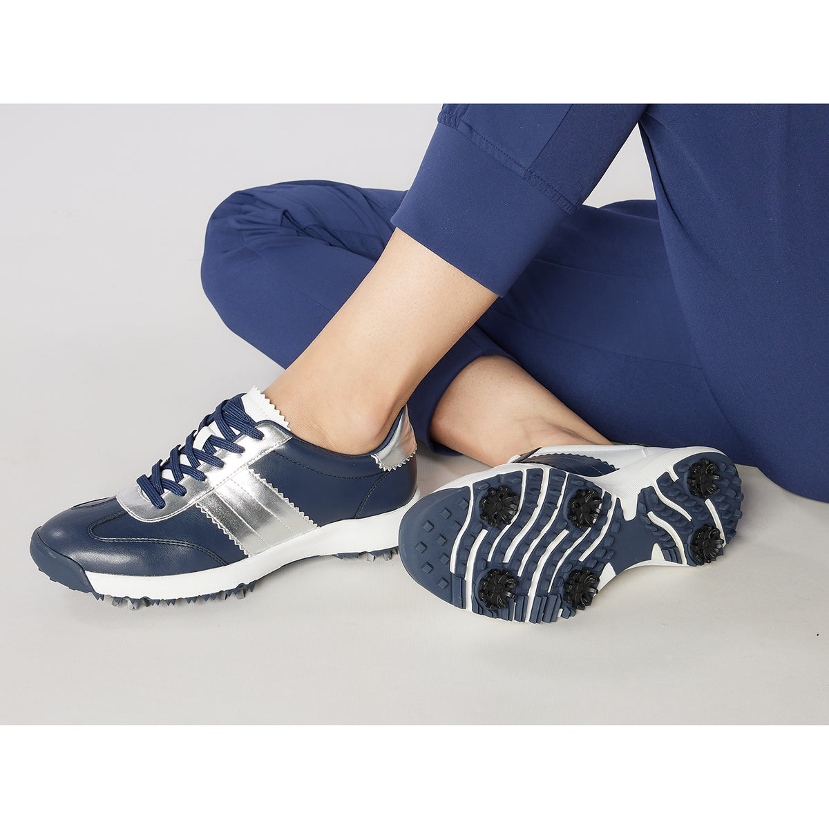 Swing Out Sister Golf Shoe with Soft Spikes in Navy & Silver