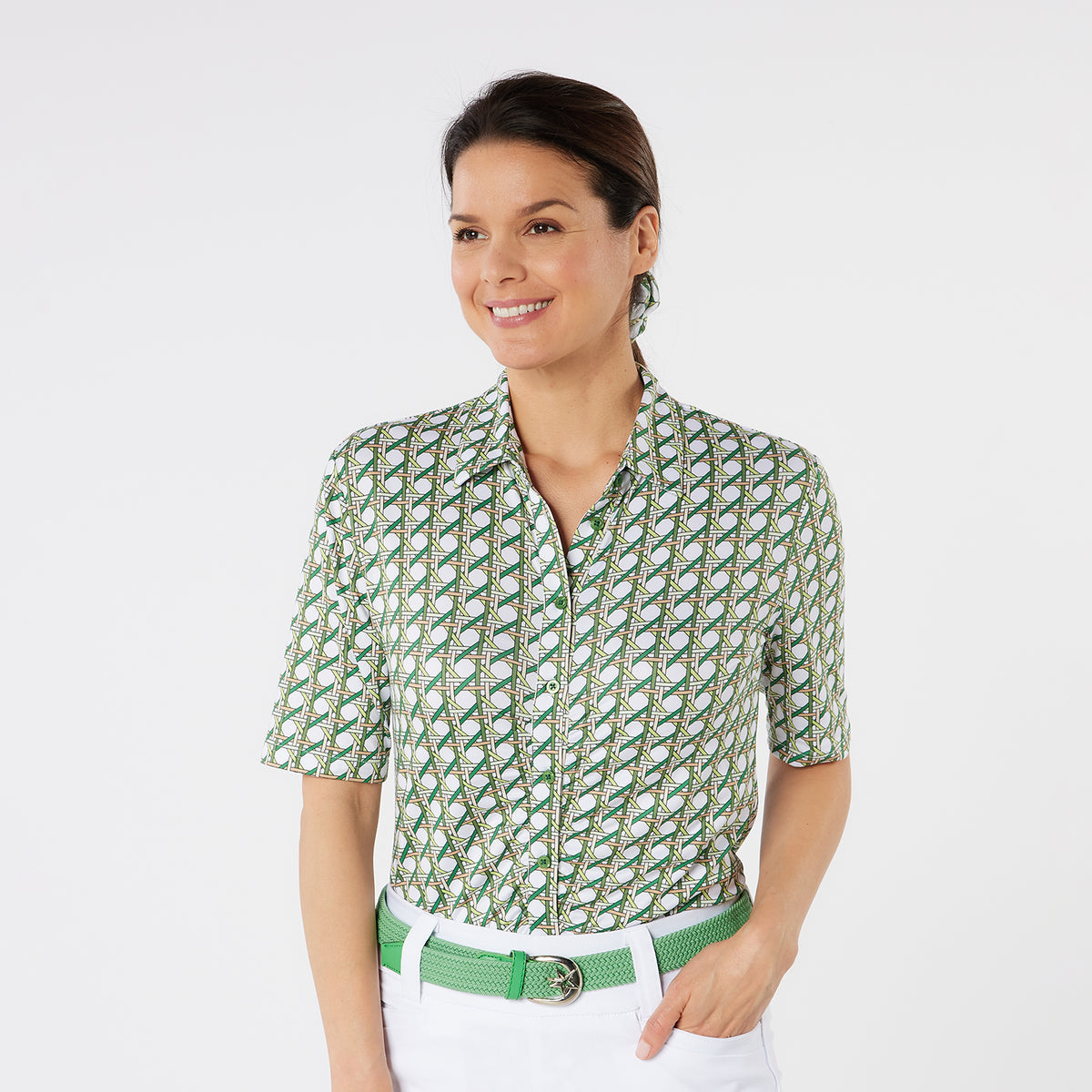 Swing Out Sister Half Sleeve Button Down Polo with Gentle Ruched Detail