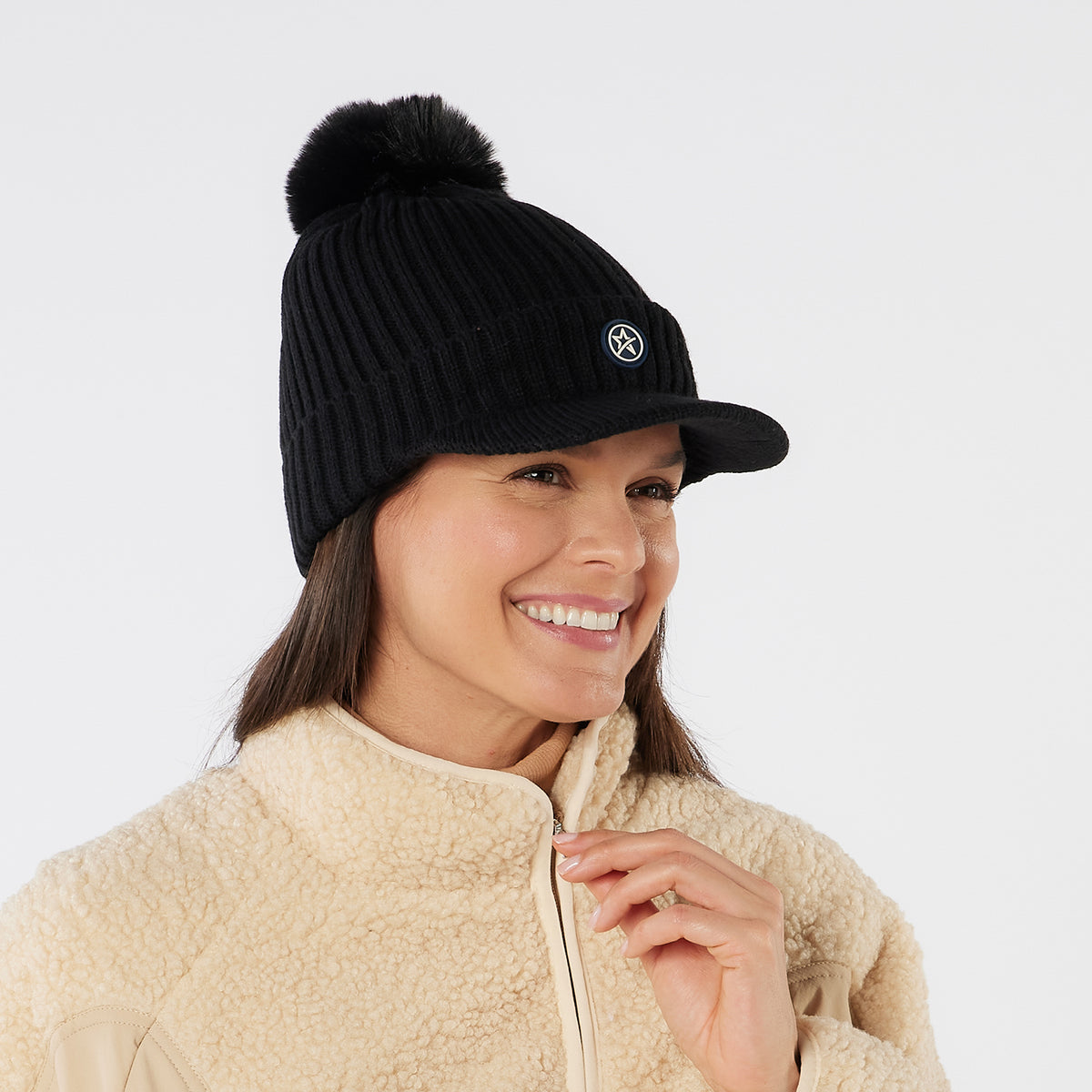 Swing Out Sister Fully Lined Bobble Hat with Peak in Black