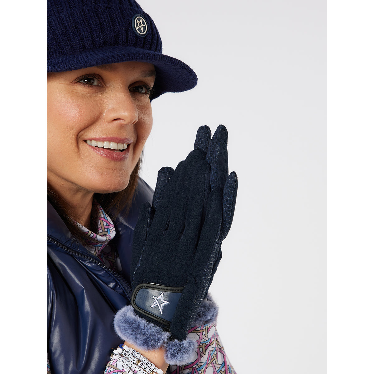 Swing Out Sister Ladies Winter Fleece Gloves with Faux Fur Trim in Navy