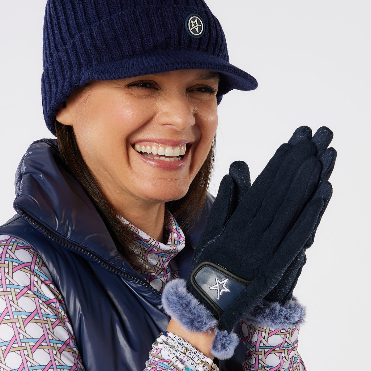 Swing Out Sister Ladies Winter Fleece Gloves with Faux Fur Trim in Navy