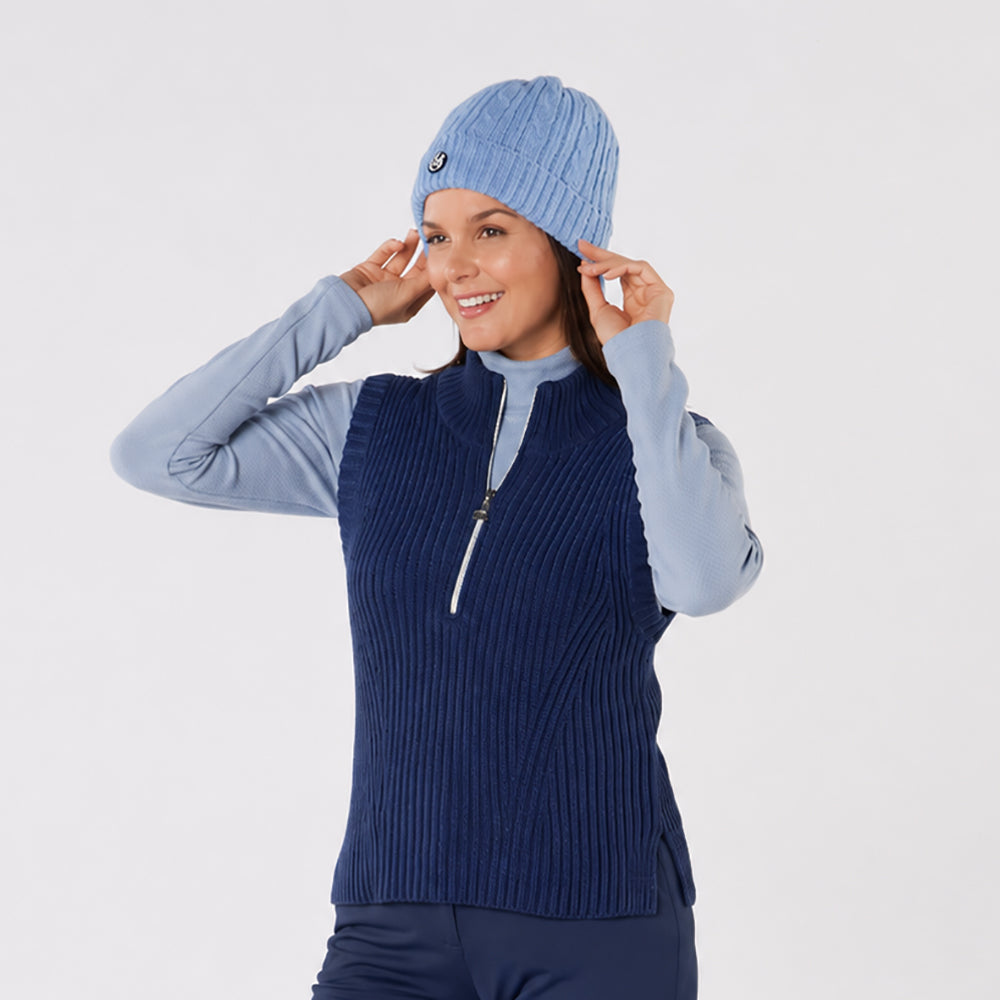 Swing Out Sister 1/4 Zip Sleeveless Pullover in Navy with Contour Ribbing
