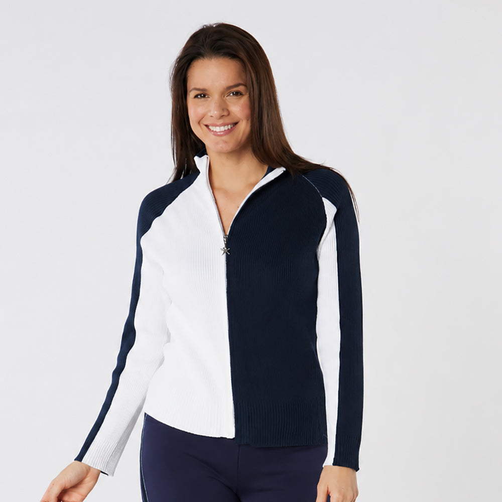 Swing Out Sister Colour Block Full-Zip Ribbed Cardigan in Navy & White