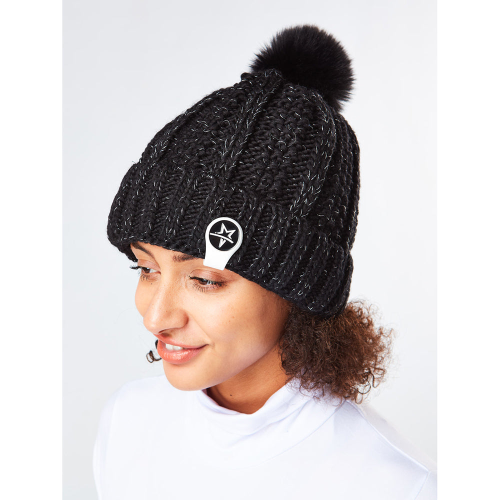 Swing Out Sister Ladies Knitted Bobble Hat in Pitch Black & Silver